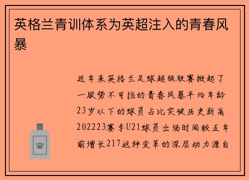 英格兰青训体系为英超注入的青春风暴