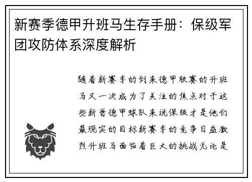 新赛季德甲升班马生存手册：保级军团攻防体系深度解析